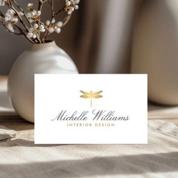 Small Elegant Type Faux Gold Dragonfly Logo On White Business Card Front View