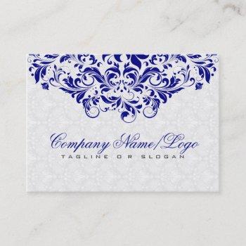 elegant white & royal blue damasks & swirls business card