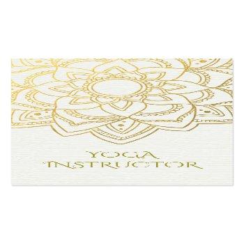 Small Elegant Yoga Instructor White Gold Floral Mandala Business Card Front View