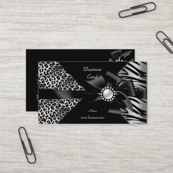Small Elegant Zebra Leopard Black Diamond Look Business Card Front View