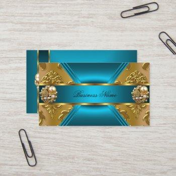 elite business teal blue gold damask jewel business card
