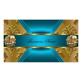 Small Elite Business Teal Blue Gold Damask Jewel Business Card Front View