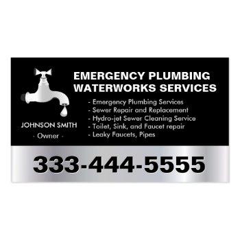 Small Emergency Plumbing Waterworks Service Black Metal Business Card Magnet Front View