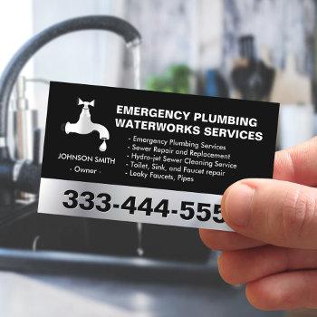 emergency plumbing waterworks service black silver business card