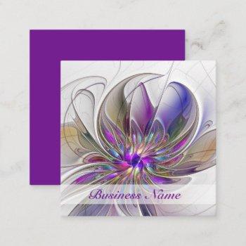 Small Energetic, Colorful Abstract Fractal Art Flower Square Business Card Front View