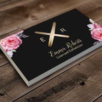 esthetician wax stick & tweezer logo pink floral business card