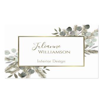 Small Eucalyptus & Pine Sage Green & Gold Watercolor Business Card Front View