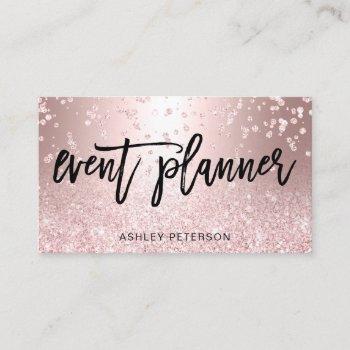 Small Event Planner Rose Gold Glitter Metallic Confetti Business Card Front View