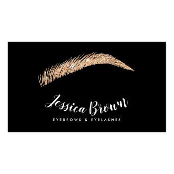 Small Eyebrow Lashes Rose Gold Glitter Name Glam Black Business Card Front View