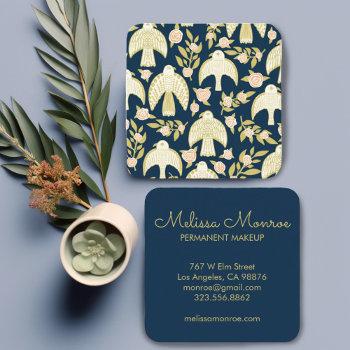Small Falcons & Roses Elegant Boho Navy Square Business Card Front View