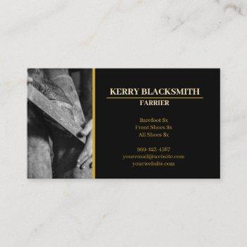 farrier - horseshoeing + barefoot trim, black+gold business card