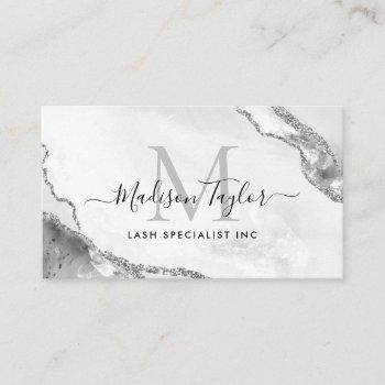 feminine silver gray glitter marble agate monogram business card