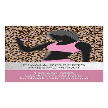 Small Fitness Girl Personal Trainer Leopard Print Modern Business Card Front View