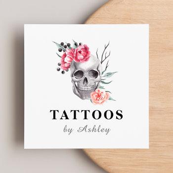 floral feminine skull girly tattoo artist modern square business card