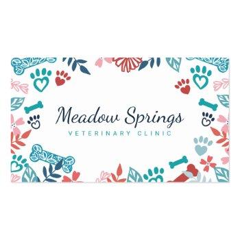 Small Floral & Foliage Pet Paw Print Pattern Business Card Front View