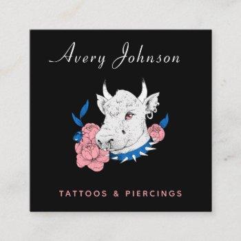 floral punk rock cow tattoo artist social media square business card