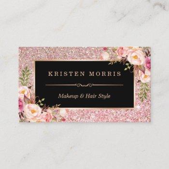 floral rose gold glitter makeup artist hair salon business card