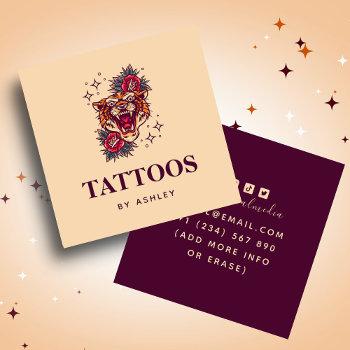 Small Floral Tiger Stardust Sparkle Girly Tattoo Artist Square Business Card Front View