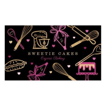 Small Fun Colorful Baking & Cooking Utensil Black & Gold Business Card Front View
