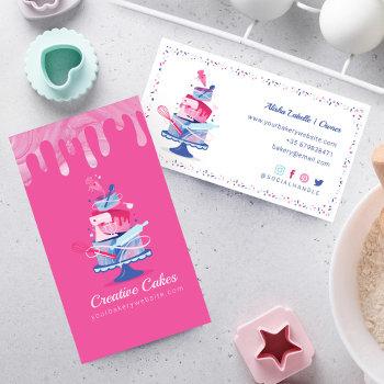 fun colorful pastry cakes bakery & tools pink drip business card