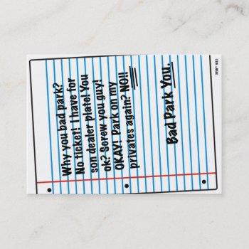 funny bad driver bad parking note business card