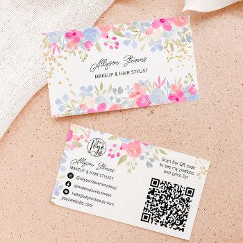 garden pink floral gold makeup hair logo qr code business card