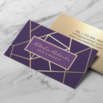 geometric purple & gold hair stylist beauty salon business card