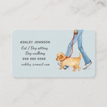 girl walking dog blue, dog walking  business card