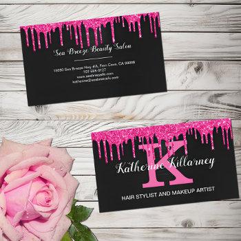 girly black hot pink glitter drips chic monogram business card
