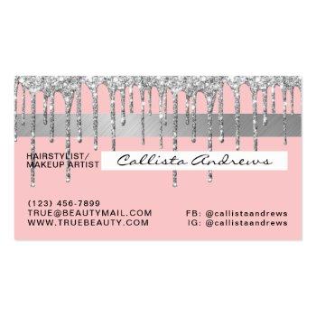 Small Girly Blush Pink Silver Glitter Drips Credit Business Card Back View