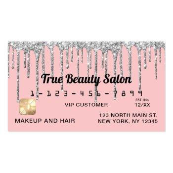 Small Girly Blush Pink Silver Glitter Drips Credit Business Card Front View