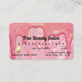 girly chic pink glitter marble drips credit business card