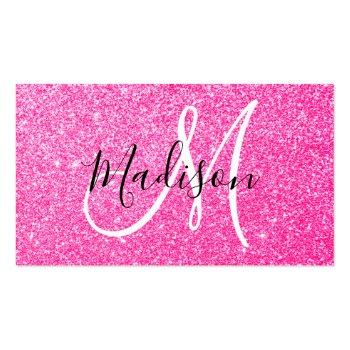 Small Girly & Glam Hot Pink Glitter Sparkles Monogram Business Card Front View