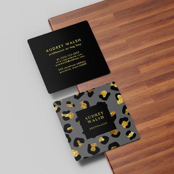 girly glittery gold gray leopard print  luxury square business card