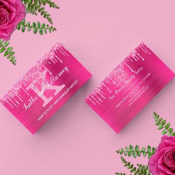 girly hot pink glitter drips glam chic monogram business card