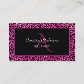 girly hot pink leopard spots chic black monogram business card