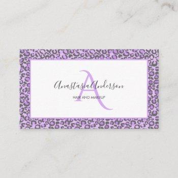 girly lavender purple chic leopard spots monogram business card
