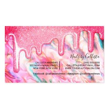 Small Girly Neon Coral Pearl Opal Glitter Drips Nails Business Card Back View