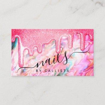 girly neon coral pearl opal glitter drips nails business card