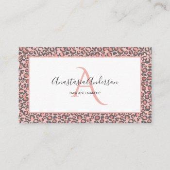 girly pastel coral leopard spots white monogram business card