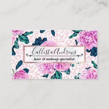 girly pink flowers and leopard animal print business card