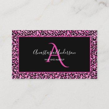 girly pink leopard spots elegant black monogram business card