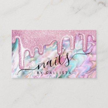 girly pink teal pearl opal glitter drips nails business card