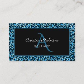 girly teal turquoise leopard spots black monogram business card