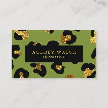 glam glitter gold green leopard print  luxury business card