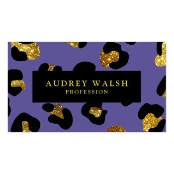 Small Glam Glitter Gold Purple Leopard Print  Luxury Business Card Front View