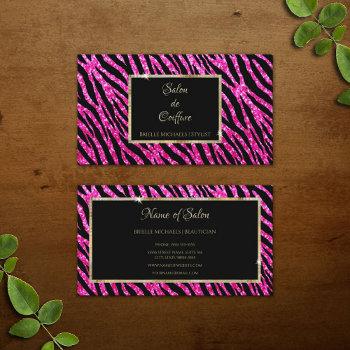 glam hot pink glitter zebra print and gold frame business card