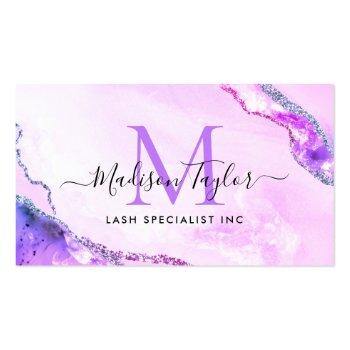 Small Glam Purple Violet Glitter Marble Agate Monogram Business Card Front View