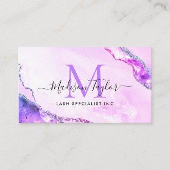 glam purple violet glitter marble agate monogram business card