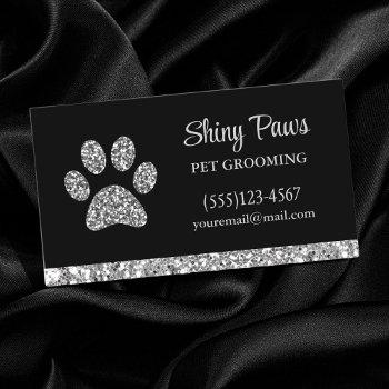 glam silver glitter dog paw print pet grooming business card